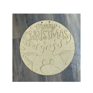 Merry Christmas Reindeer Hanger 12' Round Unfinished Cutout