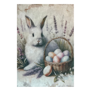 Primitive Spring Bunny with Easter Basket and Lavender Decoupage Rice Paper