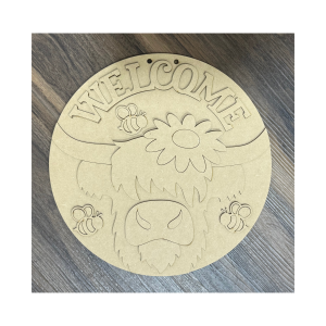 Welcome Bee Highland Cow Round Unfinished Cutout